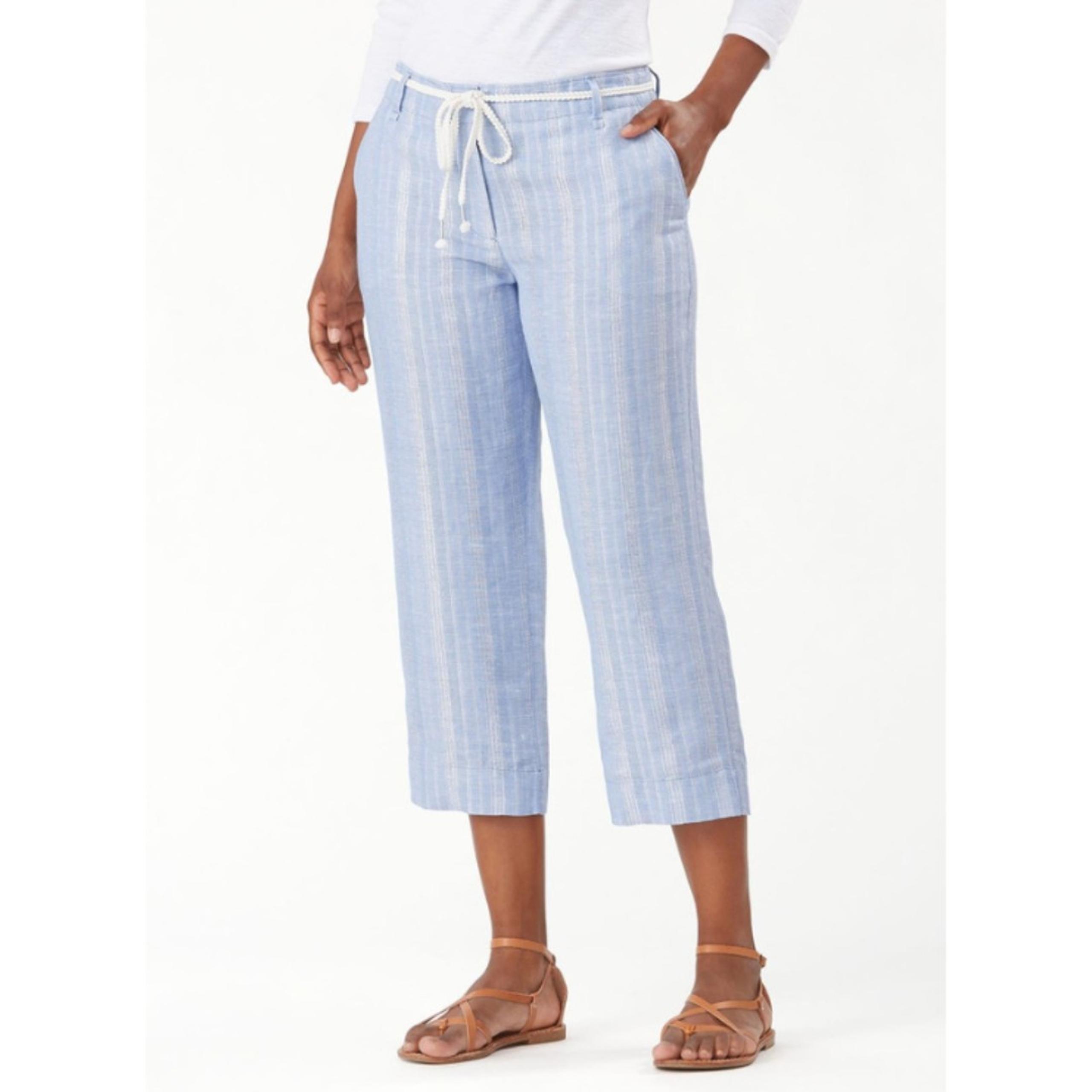 Tommy Bahama Pants Women 8 Linen Capri Crop Blue Metallic Glitter Beach Coastal