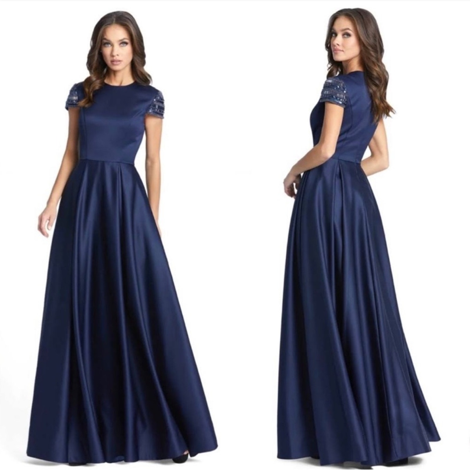 Mac Duggal 25947 Formal Cap Sleeve Satin Long Evening Gown Navy Size 14 NWT