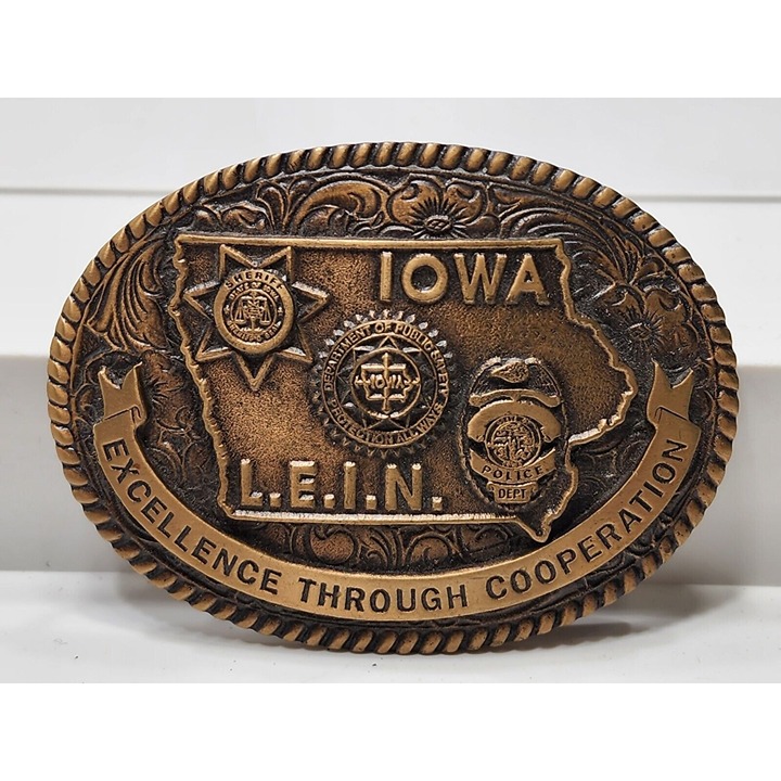 Vintage Iowa LEIN Law Enforcement Intelligence Network Brass Belt Buckle #6192
