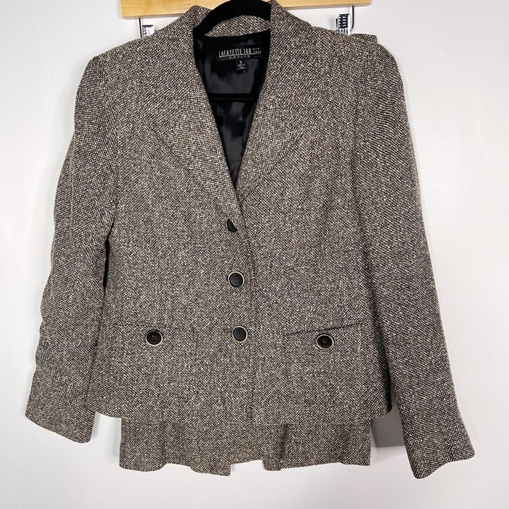 Layfayette 148 Size 8 /6 Brown Tweed Skirt Suit Blazer Jacket Silk Wool Alpaca