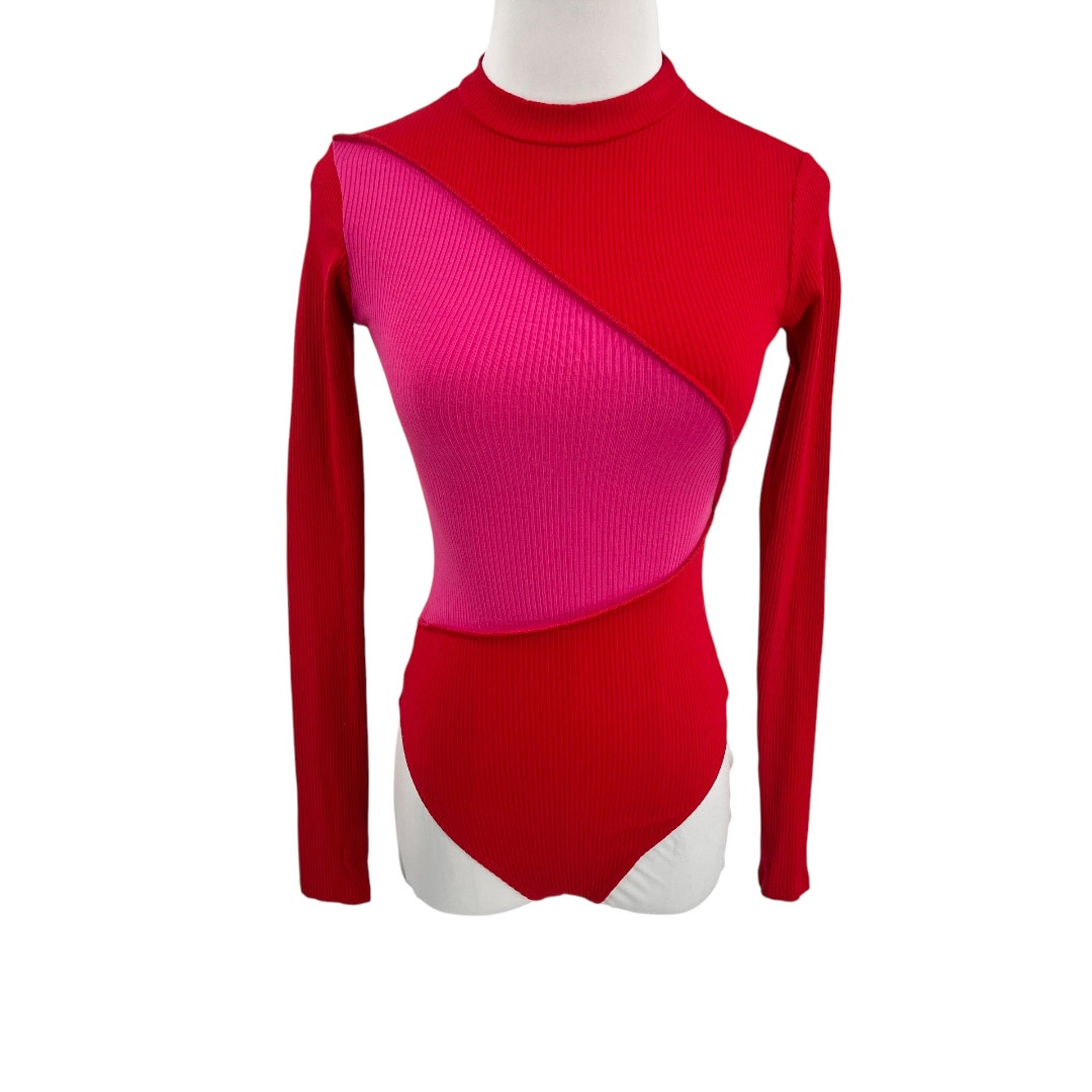 Naked Wardrobe Womens Colorblock Mockneck Long Sleeve Bodysuit Red Pink Small S