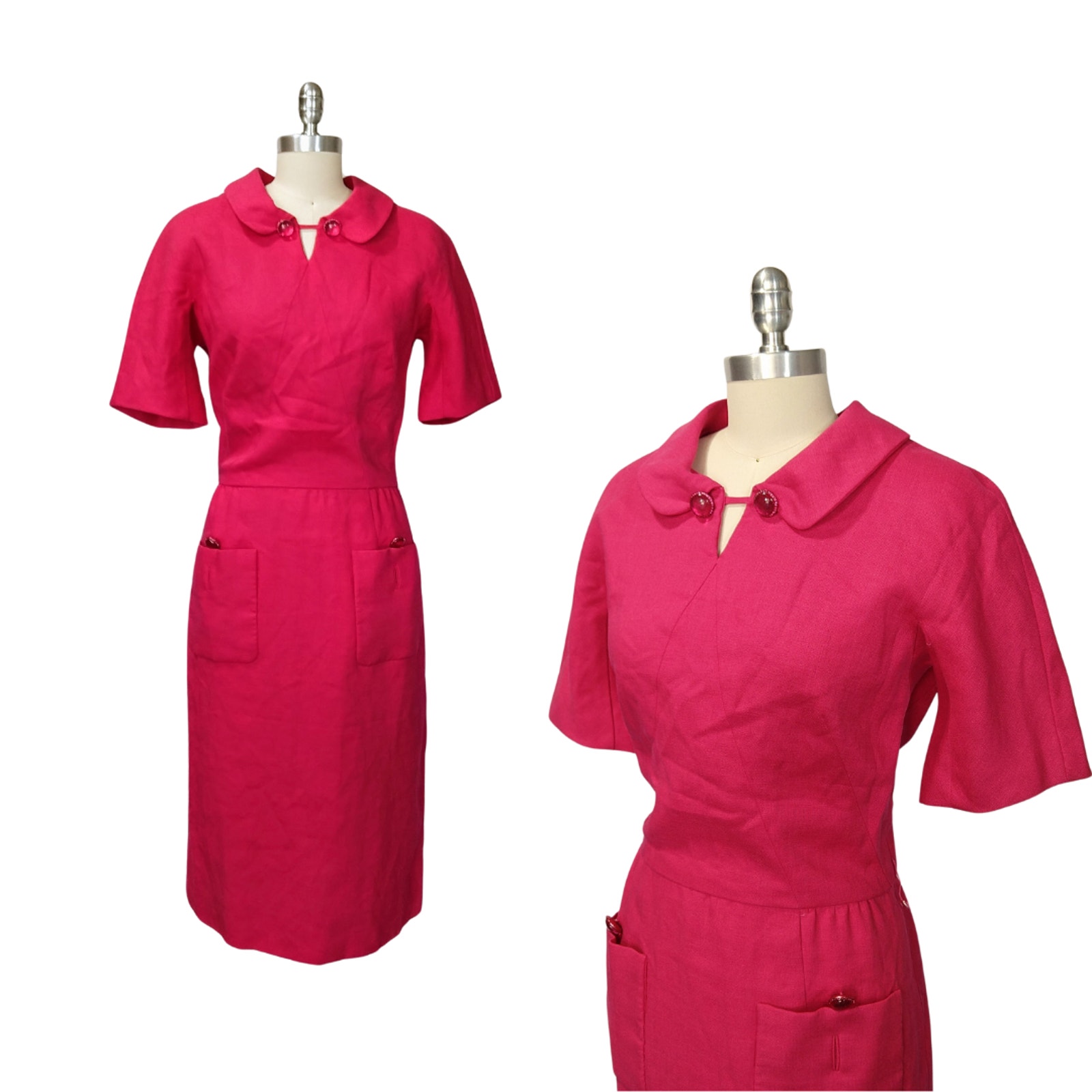 Vintage 60s Paul Parnes Pink Shirt Dress Size S M Peter Pan Collar Pockets Mod