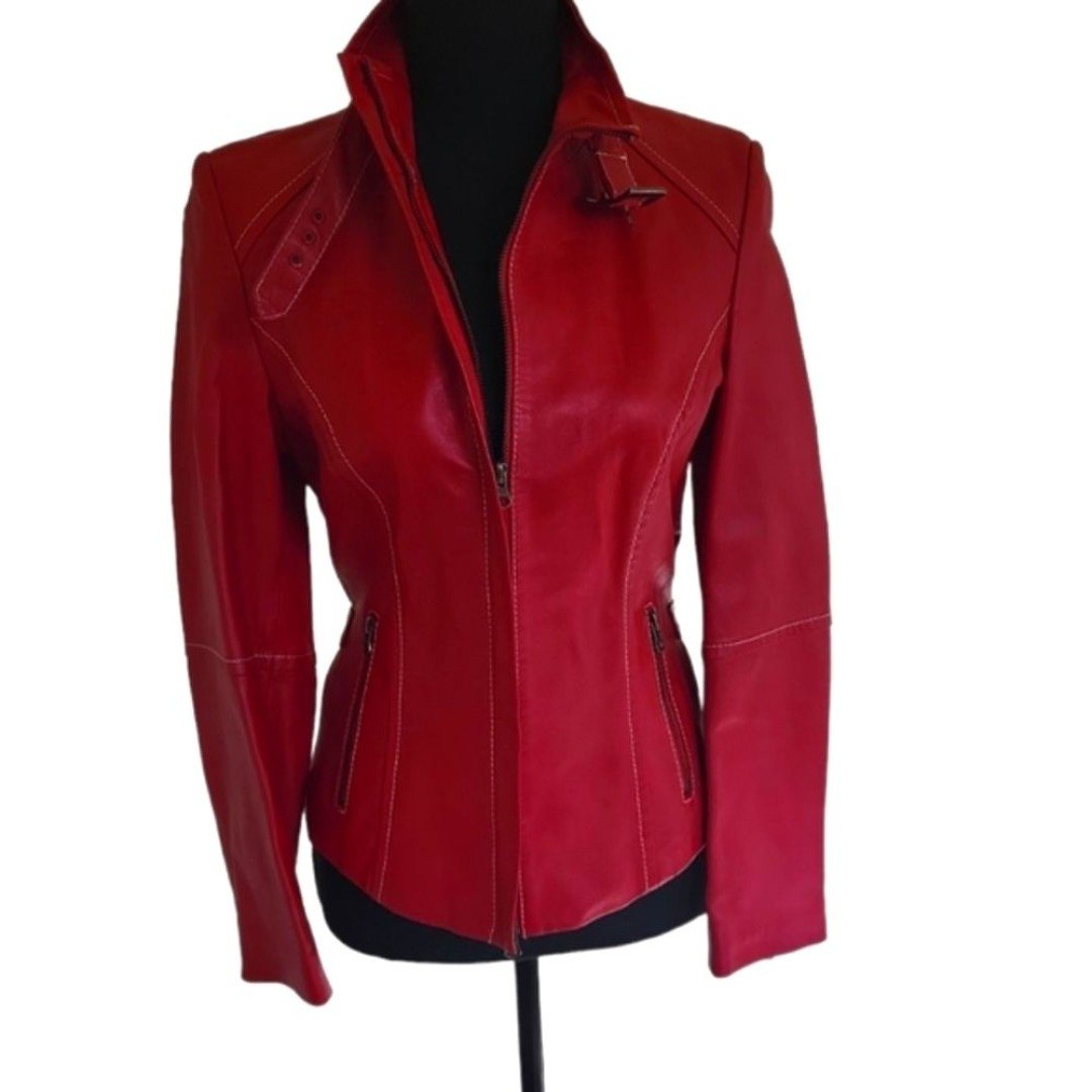 NWOT Salco women's genuine Italian leather adjustable waist jacket coat, XS red