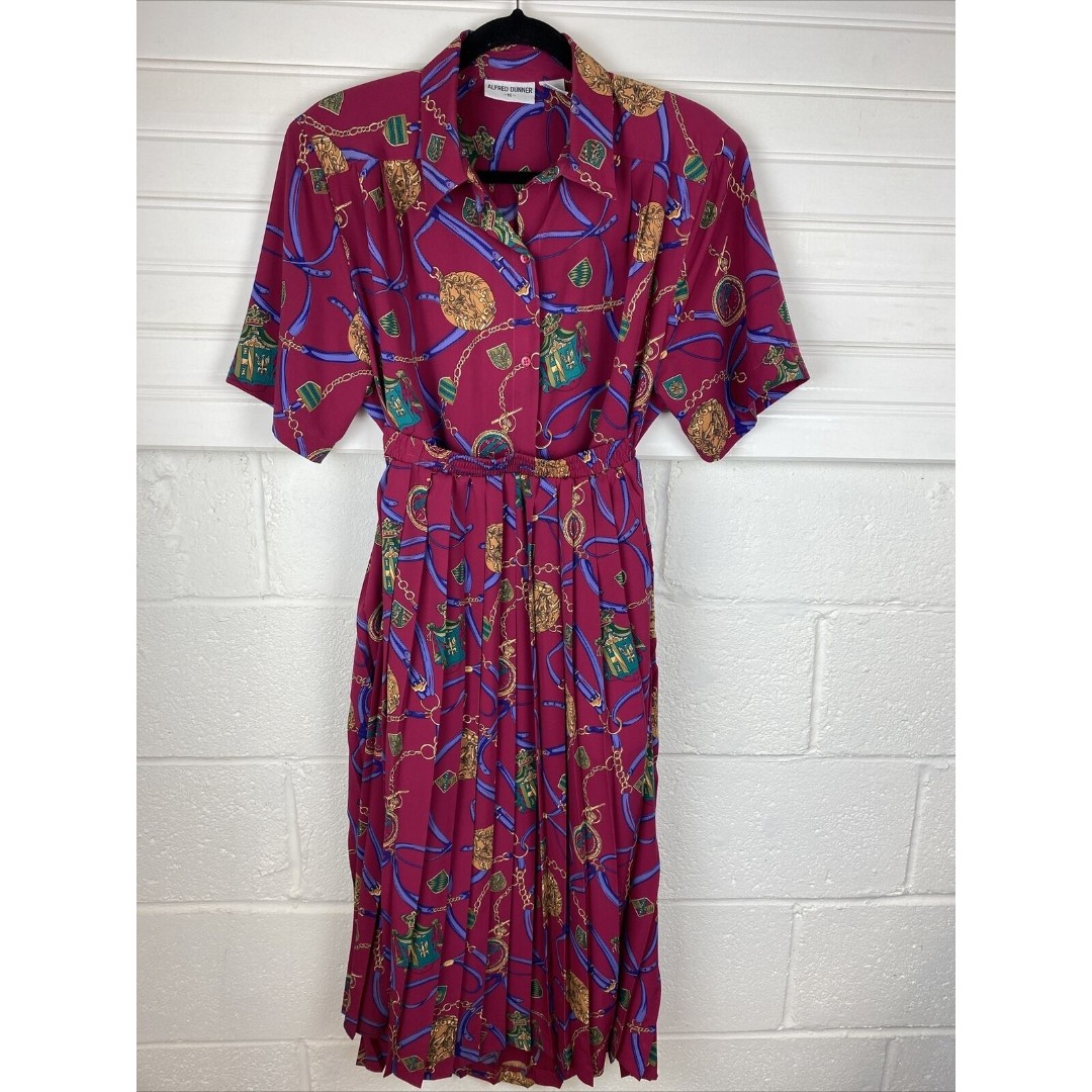 Vtg Alfred Dunner Size 16 2pc Skirt Set Pleated Skirt Horse Watch Chain Print