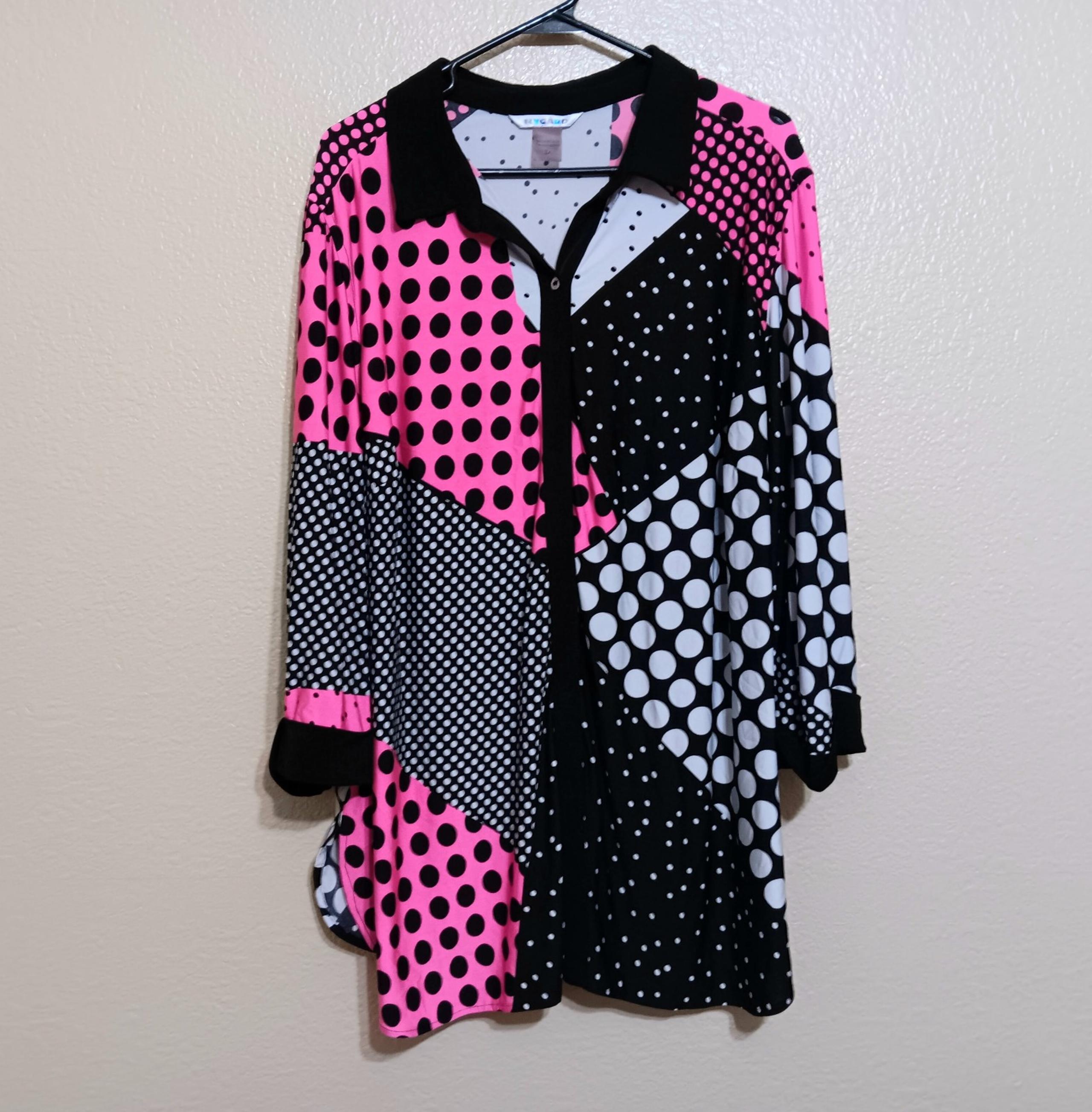 Nygard Pink Black White Polka Dot Slinky Knit Tunic Top