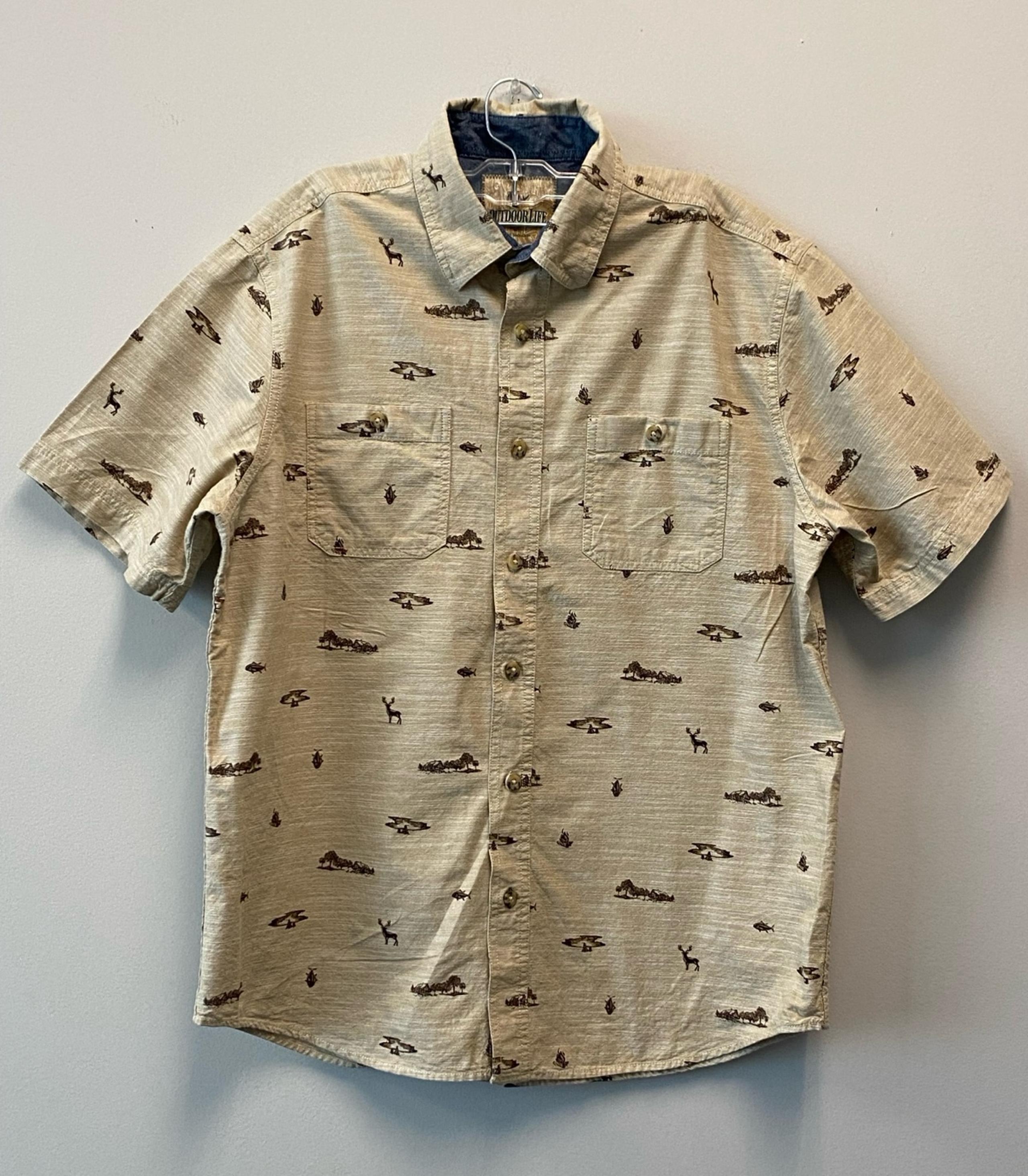 Outdoor Life Tan Fish Hunt Pattern Short Sleeve Shirt—Large