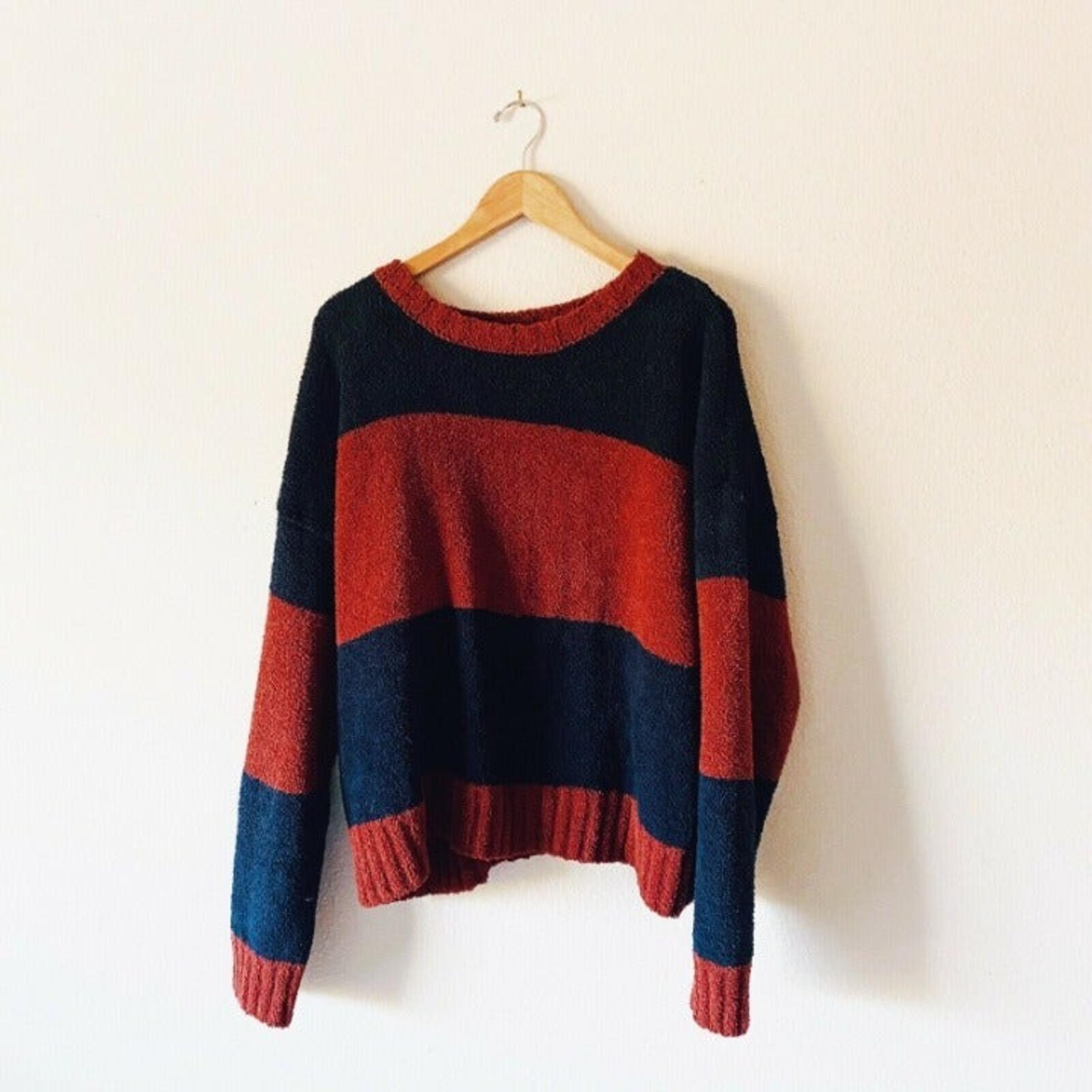 Thread And Supply Wubby Pullover Burnt Orange Navy Sweater Fuzzy Crewneck Sz L.