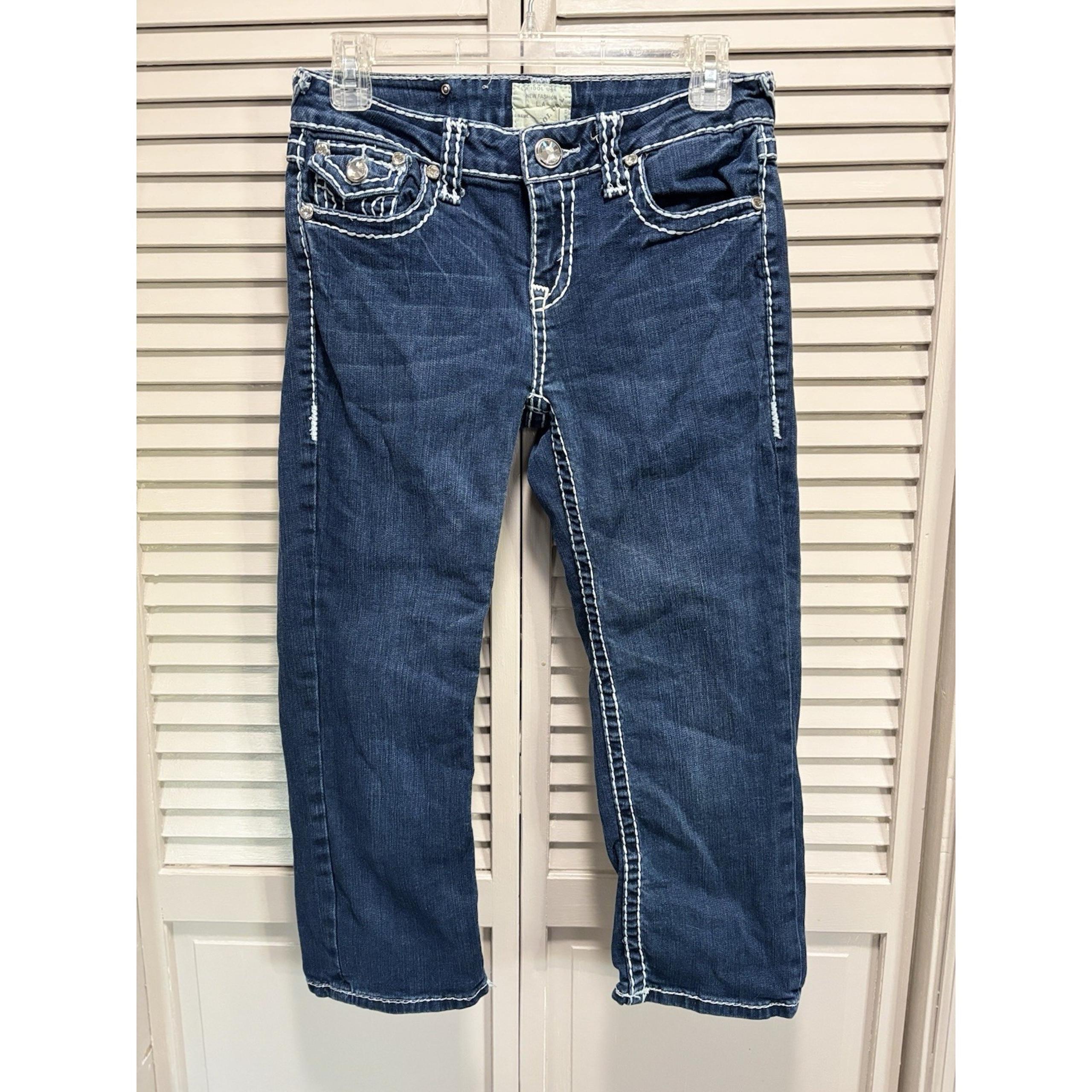 L.A. Idol Low Rise Capri Jeans Rhinestones Embroidery Size 9 Dark Wash Stitching