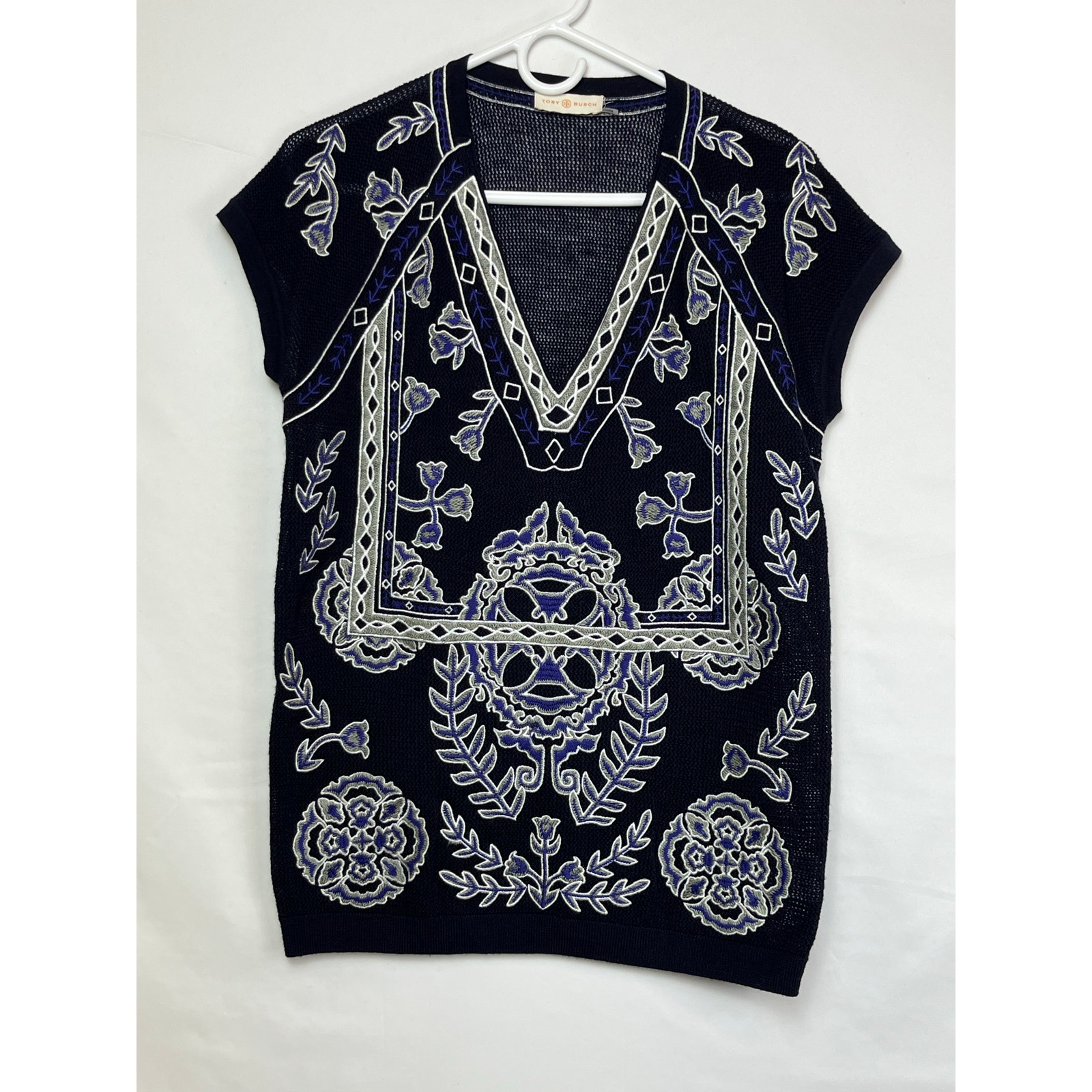 Tori Burch Women's Small Blue/Gray 100% Merino Wool Embroidered Sweater Vest