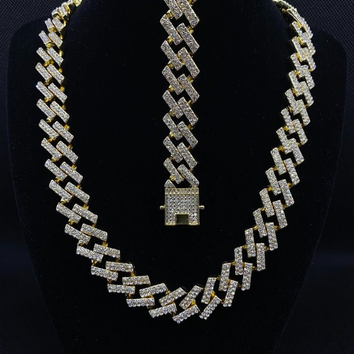 18K Gold Plated Iced Out AAA Crystal Cuban Link Necklace-Bracelet Set