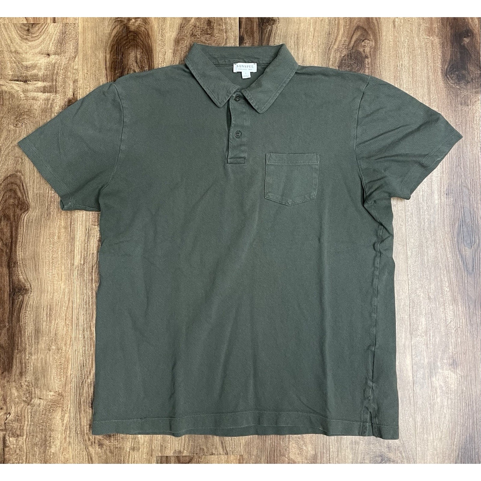 Sunspel Riveria Pocket Polo Shirt Mens Size Large L Green Breathable Cotton