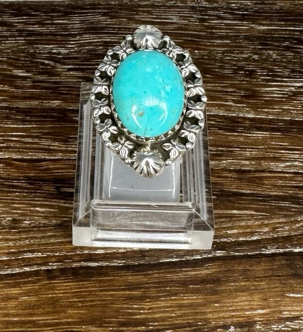 Native Southwest Style Sterling Silver Kingman Turquoise Flower Edged Ring Sz 8