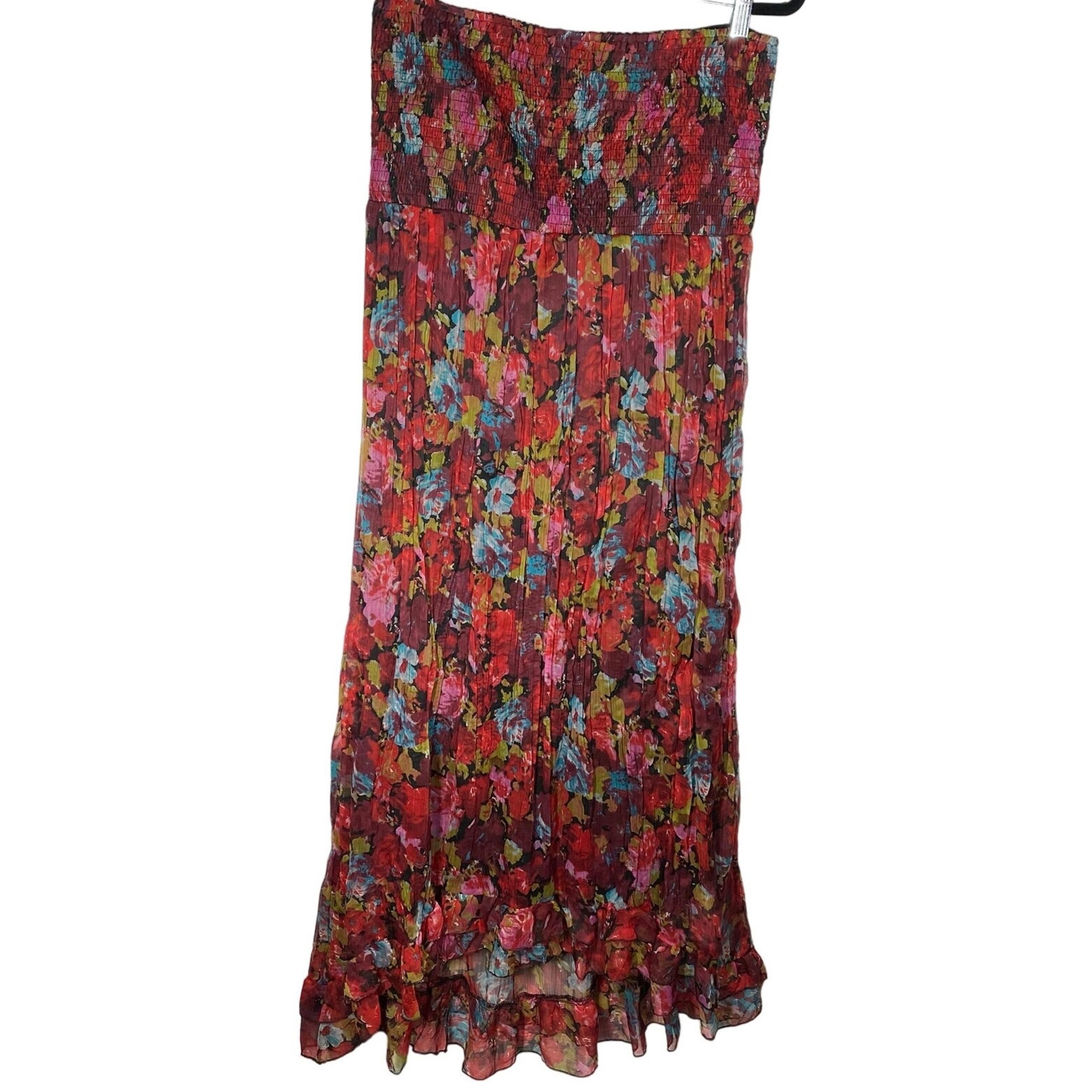 American Rag Floral High Low Dress Pleated Ruffles Strapless Red Blue Size Large