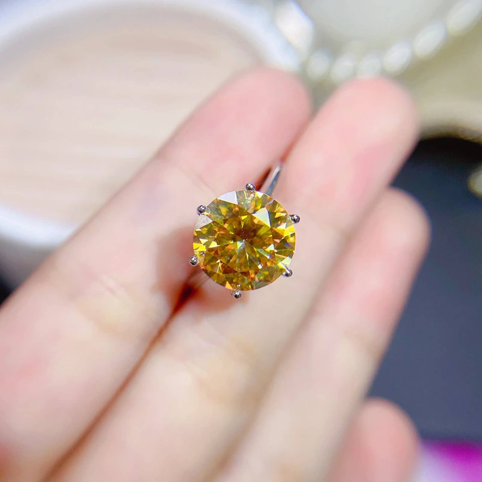 5 Carat Round Cut Yellow Moissanite Ring, 925 Sterling Silver Moissanite Ring