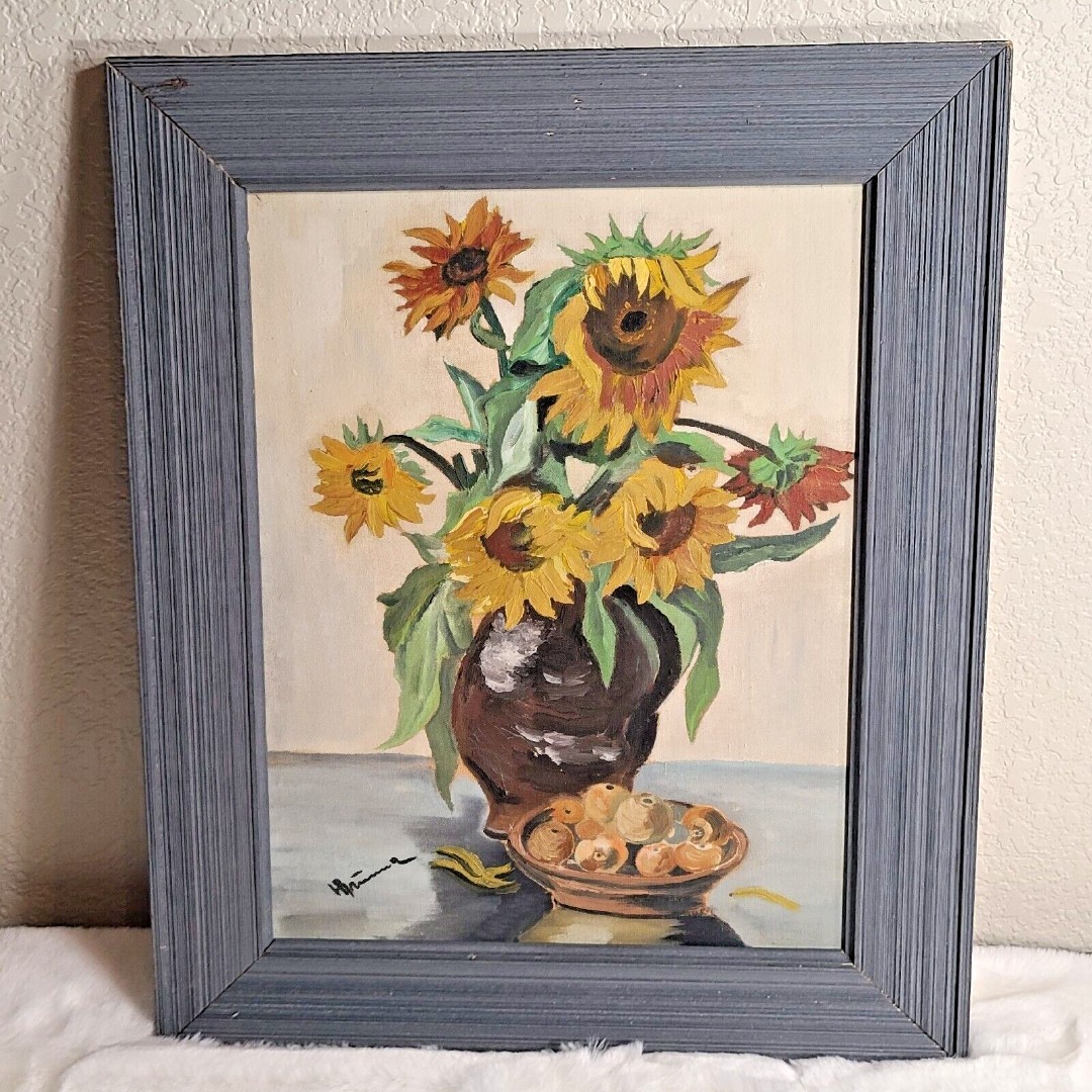 Vintage Beautiful Original Signed Framed Oil Painting Sunflowers Still Life