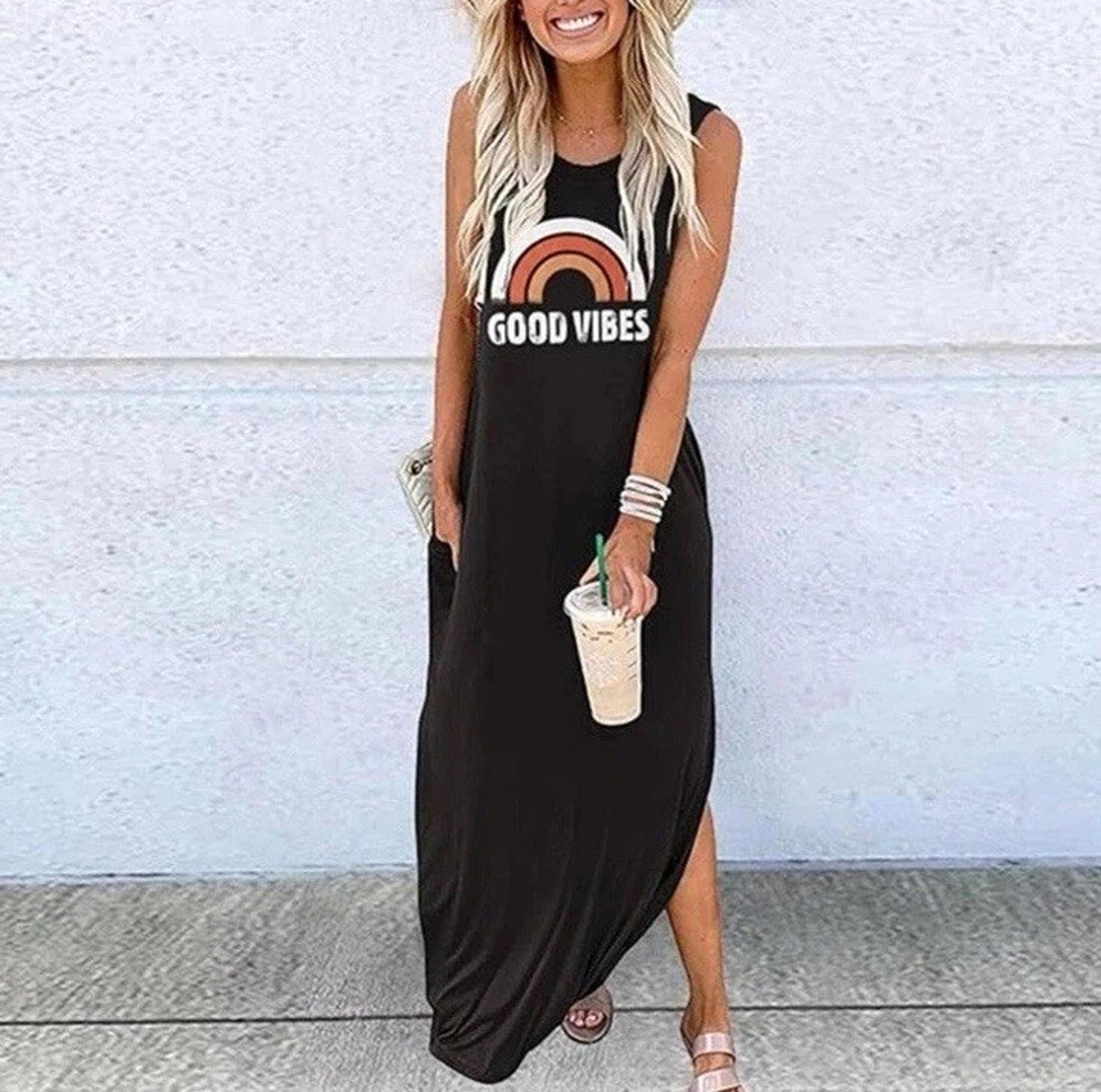 Black Women's Casual Loose Sundress Long Maxi Good Vibes Boho Festival