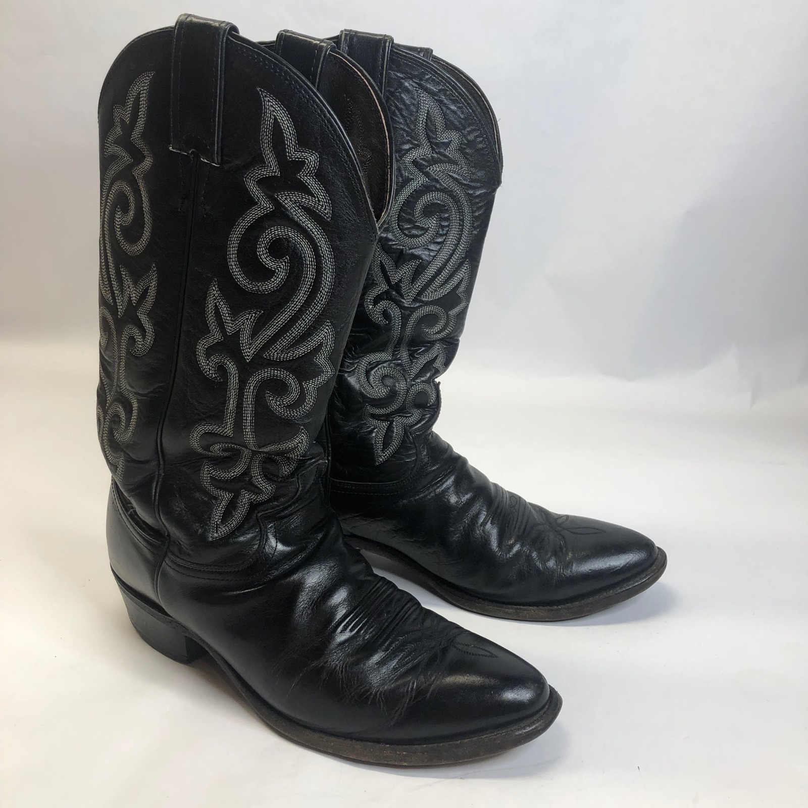 Justin Cowboy Western Stitch Leather Pull On Embroidered Shaft Black Boots Sz 9