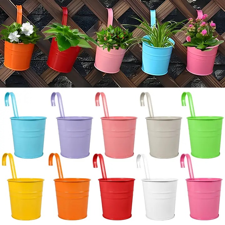 10pcs Metal Iron Hanging Flower Pots, Garden Pots Balcony Planters Metal Bucket