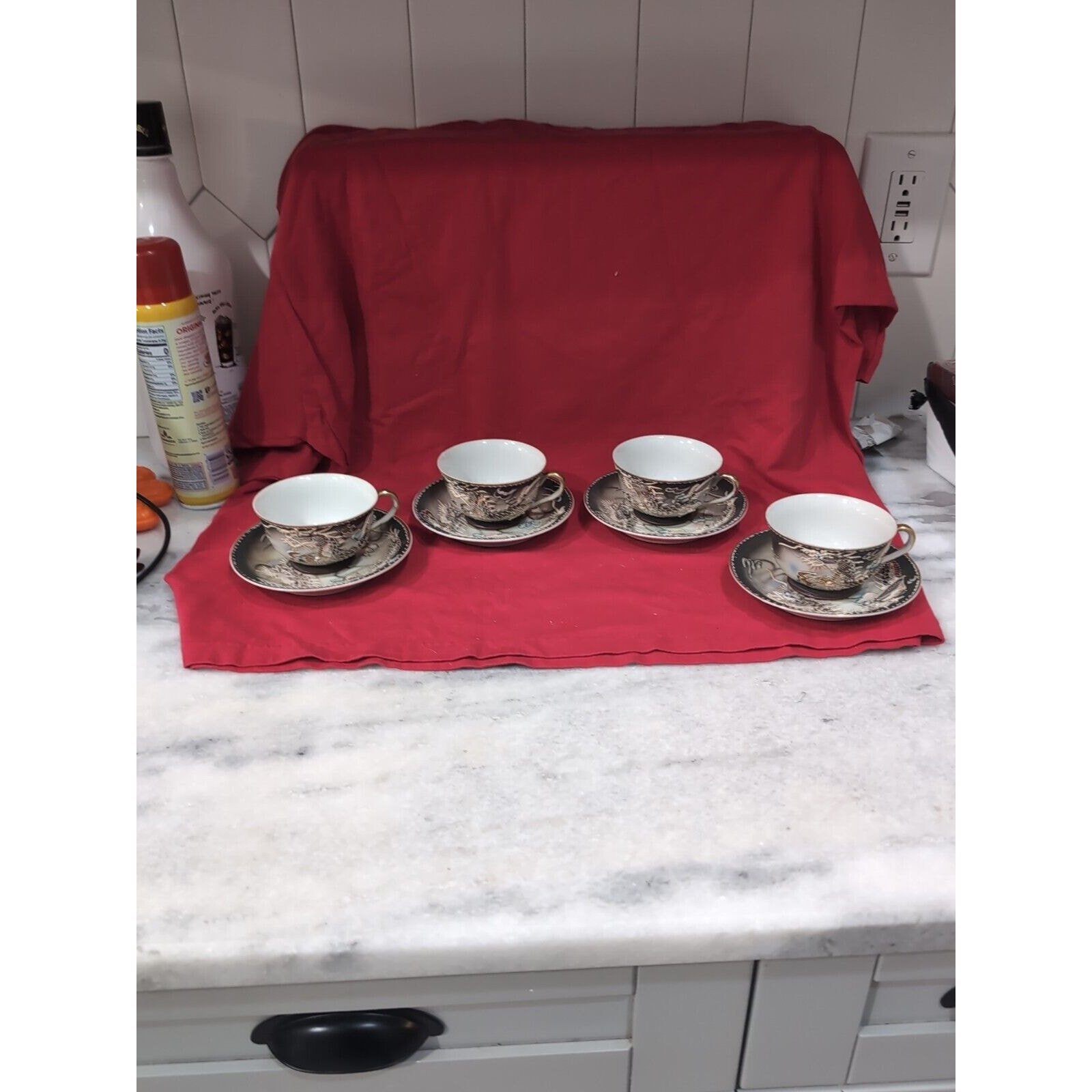 Moriage Dragonware Demitasse Cup & Saucer Set, Hand Painted, Set of 4, Vintage