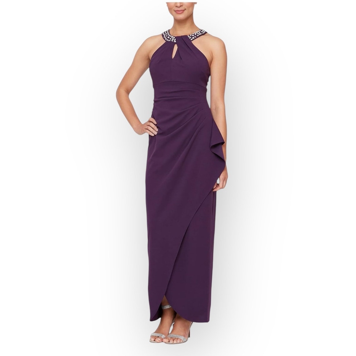 S.L. Fashions SLNY Maxi Dress Women's Plus 18 Purple Embellished Halter Neckline