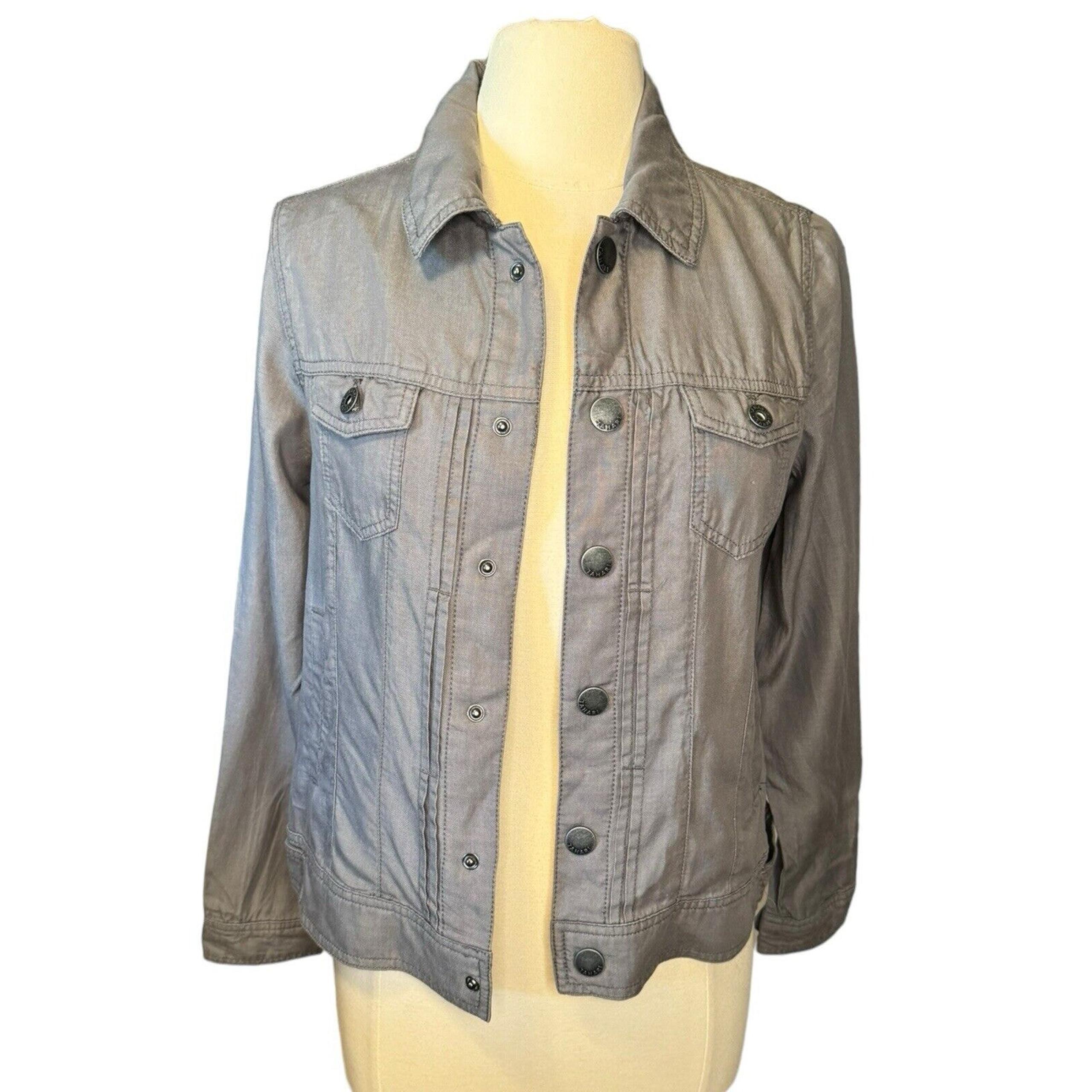 Tahari Grey Chambray Jacket Small Lightweight Denim Look Snap Button Front
