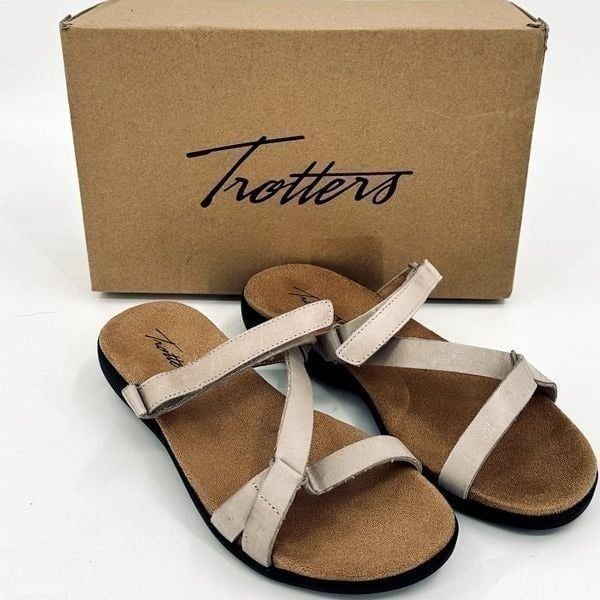 Trotters Women's Raja Flat Sandal Size 7.5 Wide Slide Adjustable Grey Leather