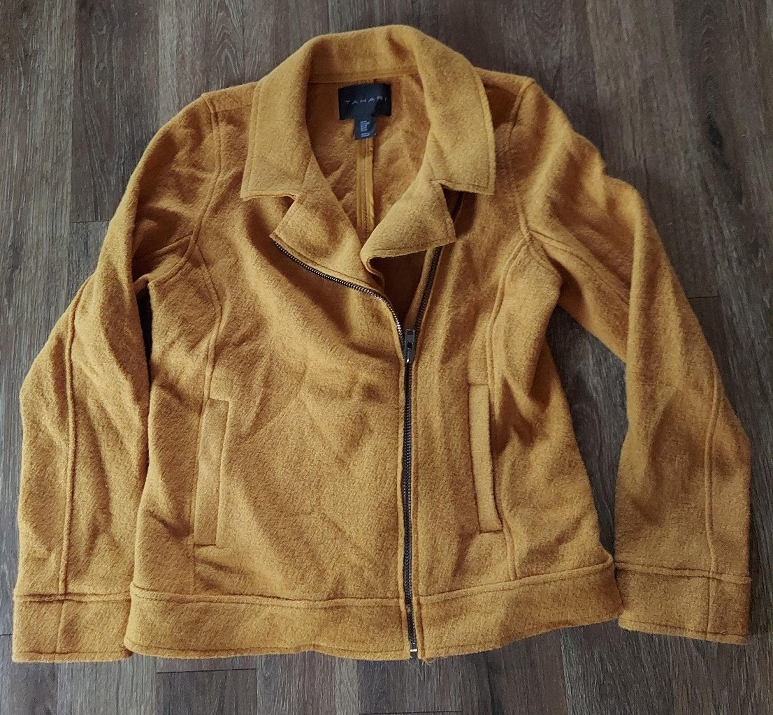 TAHARI womens mustard Wool blend Moto Zip Front Long Sleeve Coat Jacket Medium
