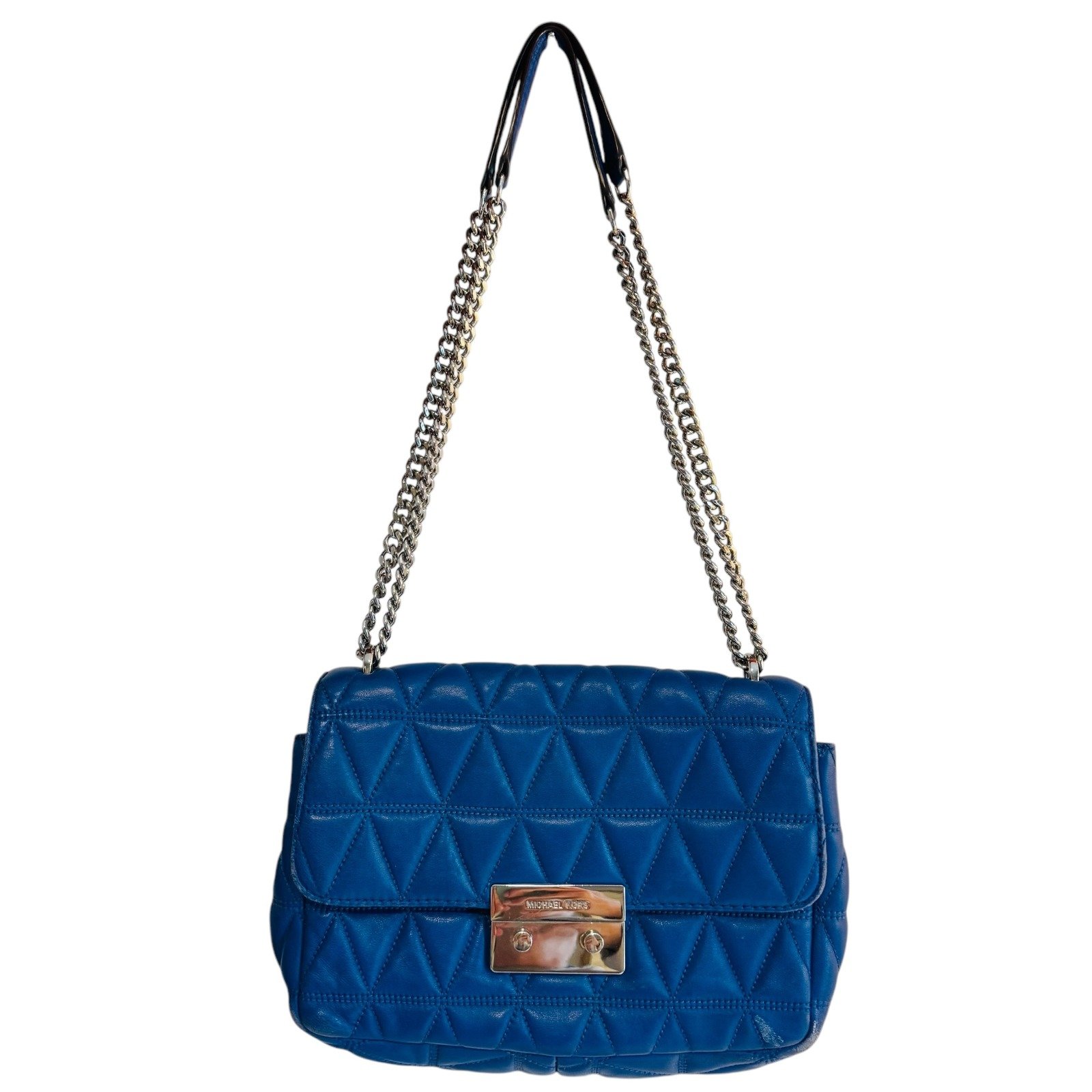 Michael Kors Sloan Shoulder Bag Quilted Blue Leather Chain Strap CrossbodySmall