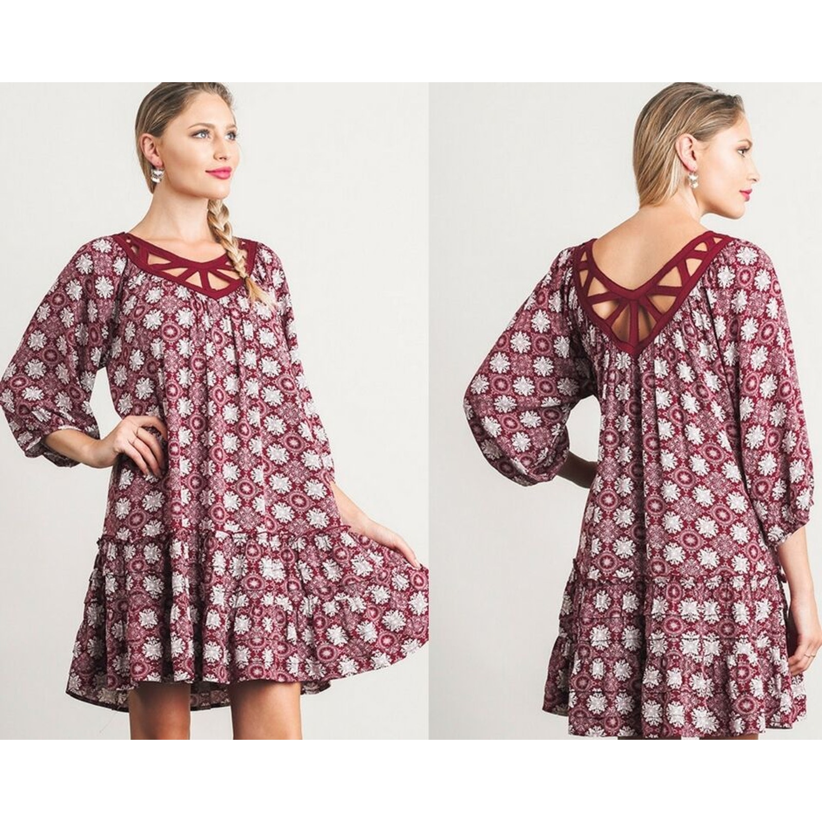 Umgee Wine Medallion Lattice 3/4 Bishop Sleeve A-Line Dress Small