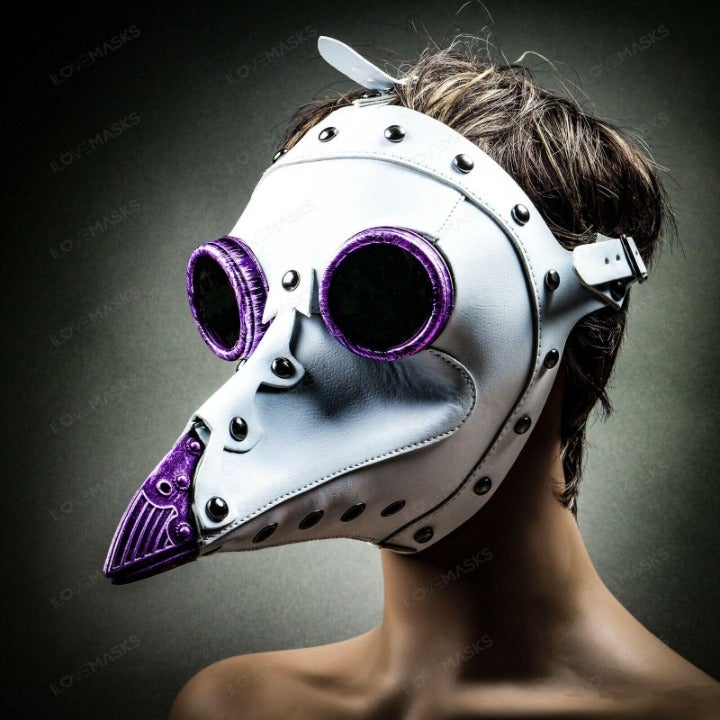 White Plague Doctor Mask Steampunk Halloween Leather Purple Bird Nose #1075