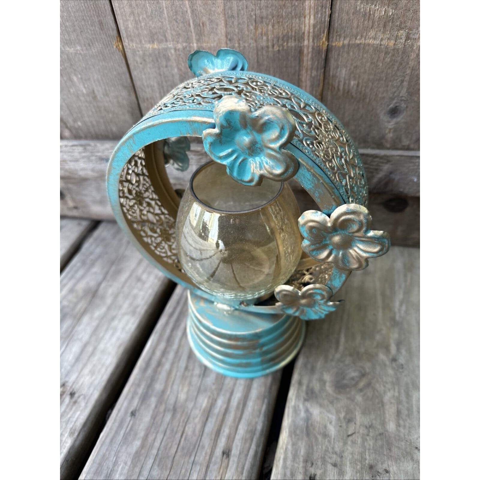 Teal And Gold Floral Votive Holder 10” Tall