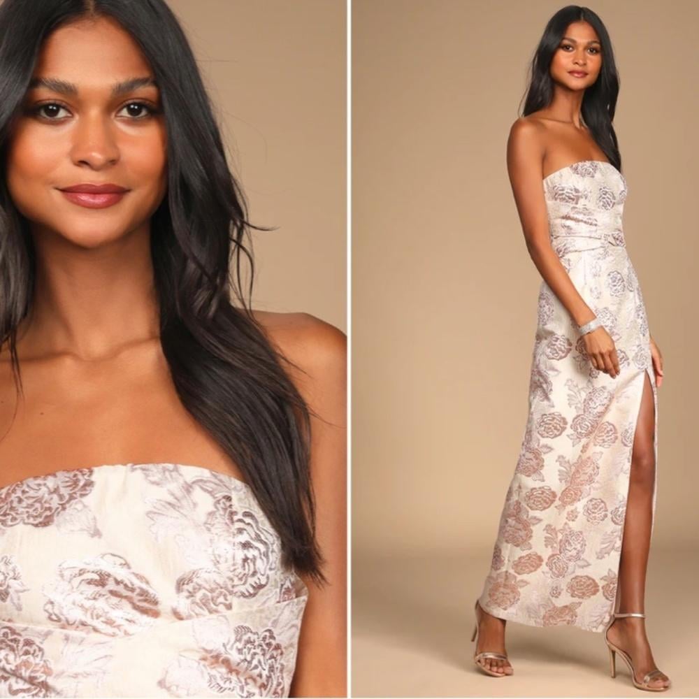 LULUS Sexy Chic Wedding Prom Cocktail Party Floral Roses Strapless Maxi Dress