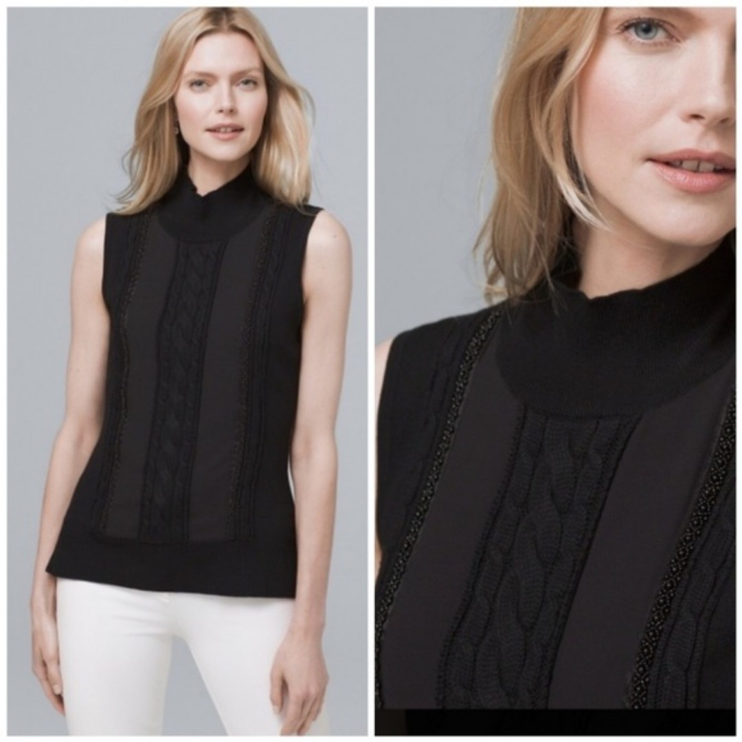White House Black Market Black Mock Neck Beaded Sweater Vest S