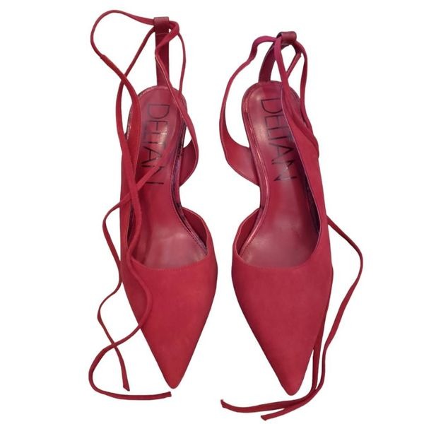 Deltan Women's Size 7M Juliana Suede Ankle Tie Burgundy Red Flared Heels New