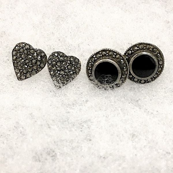 Vintage Marcasite Onyx & Heart Shaped Sterling Studs