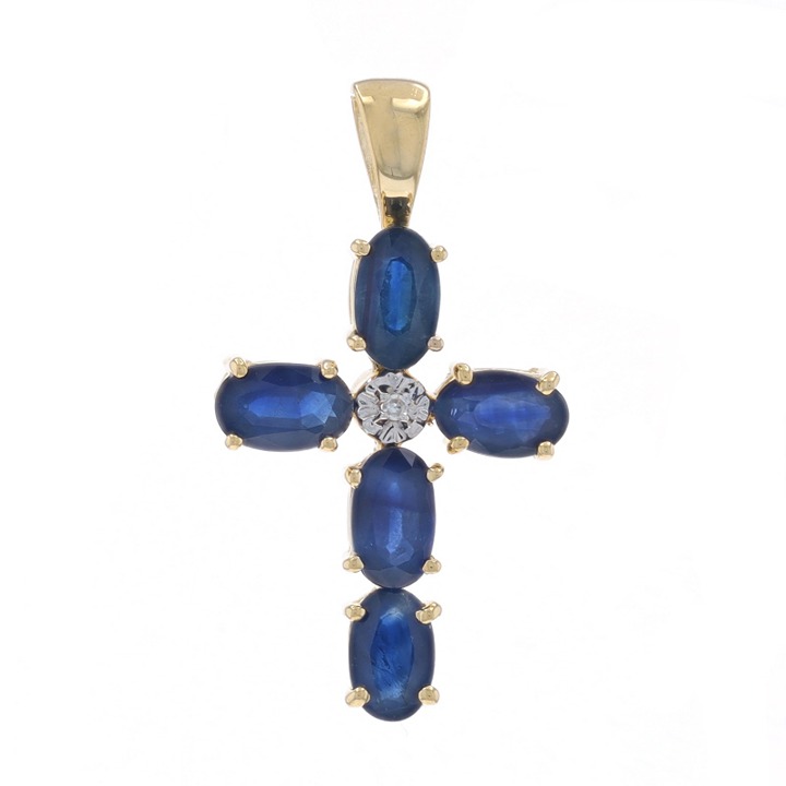 Yellow Gold Sapphire Diamond Cross Pendant - 14k Oval 1.75ctw Faith LX4904
