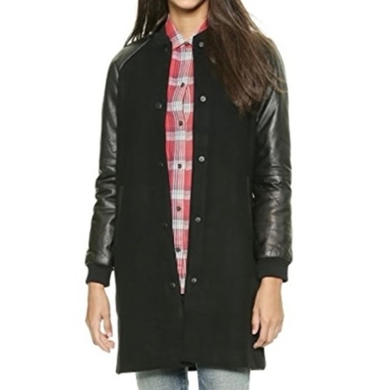 MADEWELL Leather Sleeve Wool Varsity Bomber Mid-length Jacket Coat Women’s Sz 10
