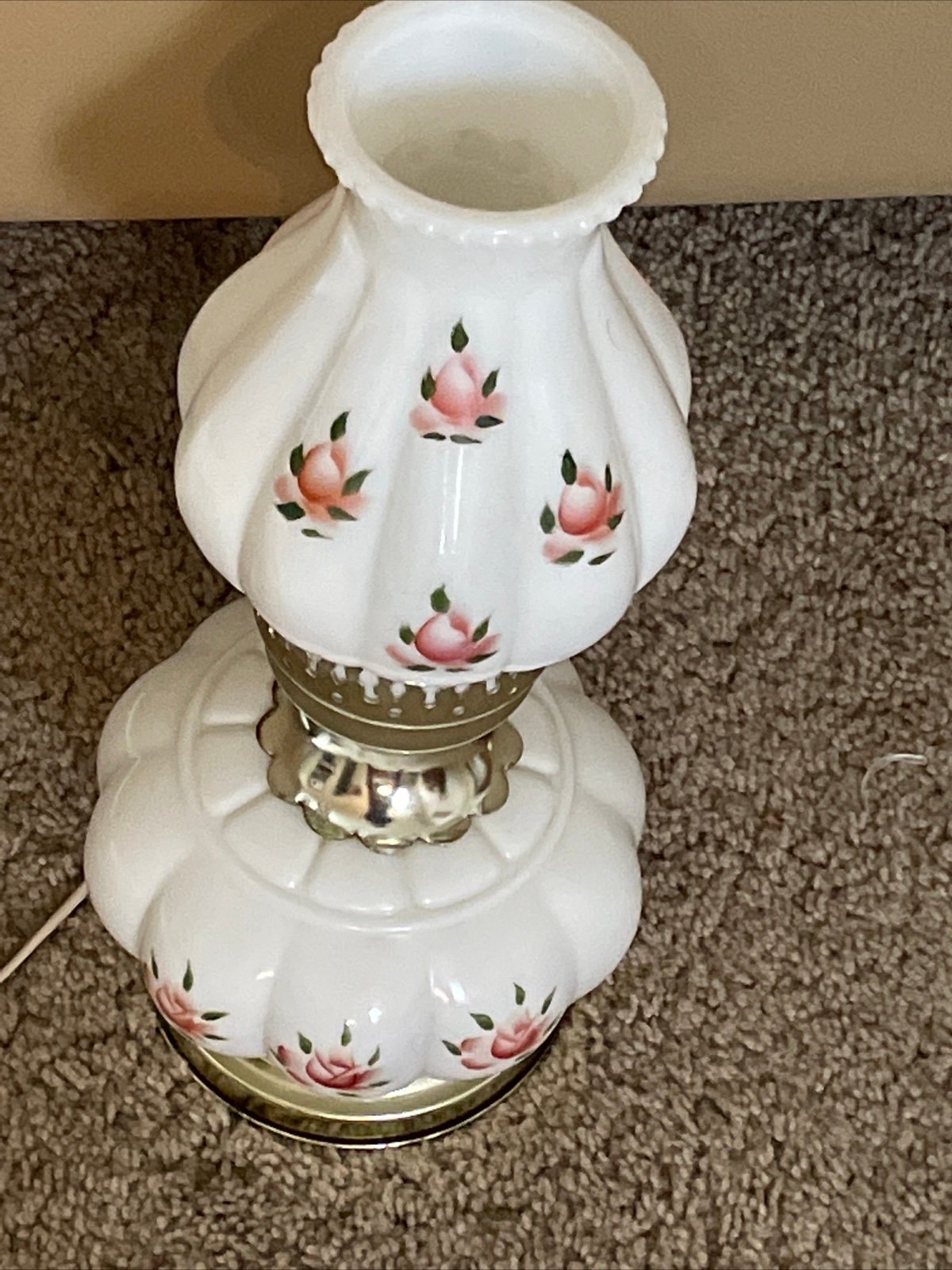Vintage White Milk Glass Bedside Table Hurricane Lamp Flowers Hand Painted