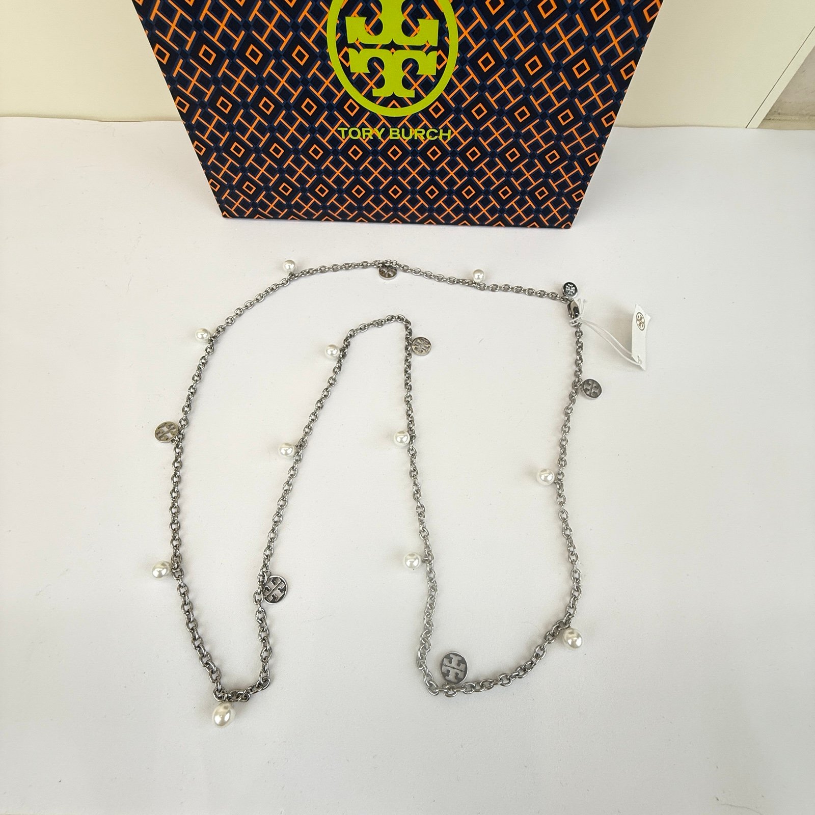 Tory Burch pearl logo chain rosary necklace 48300