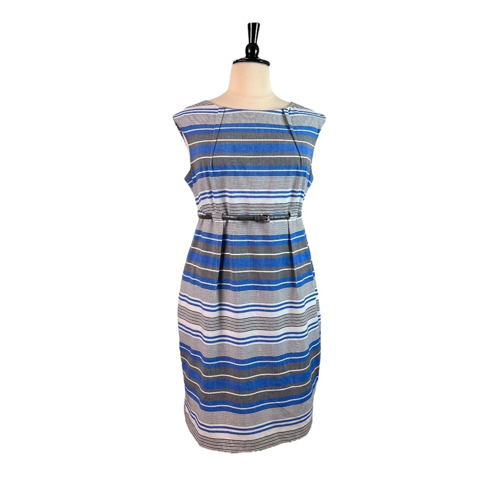 Calvin Klein Sheath Dress High Waist Sleeveless Blue Gray Stripe Size 16W Plus