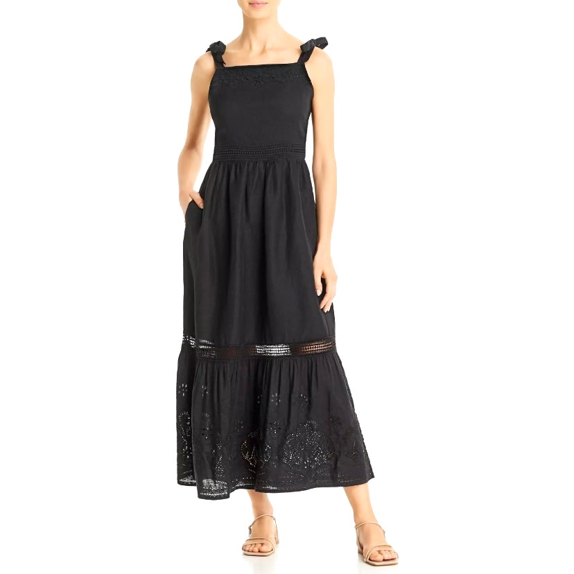 TOMMY BAHAMA St. Lucia Linen Square Neck Maxi Smocked Nap Dress Black Small
