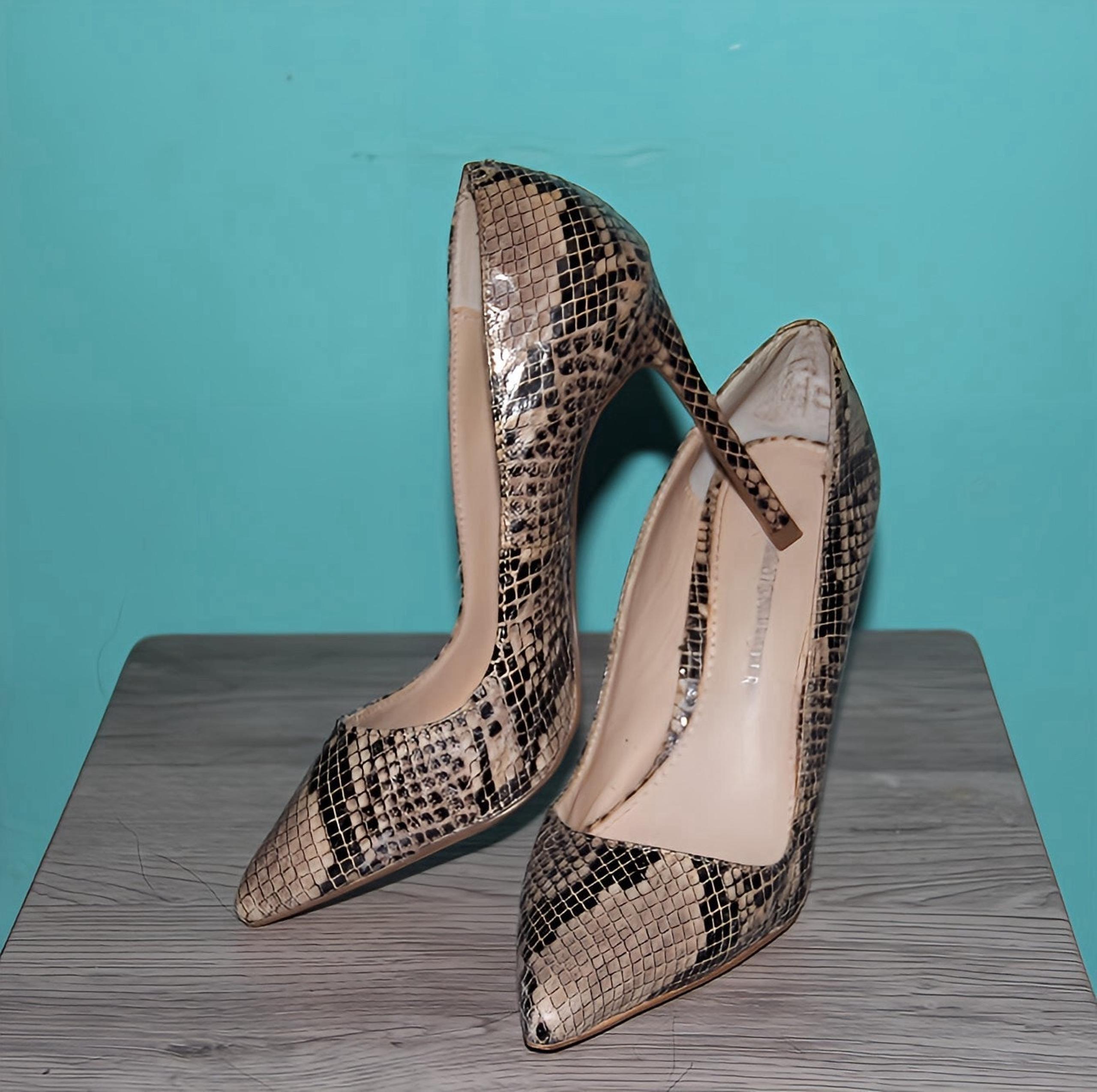 Boston Proper Tan and Black snakeskin pumps