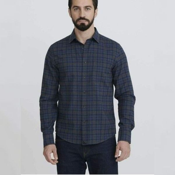 UNTUCKit Men Macari Blue Plaid Light Flannel Long Sleeve Button Up Shirt Large