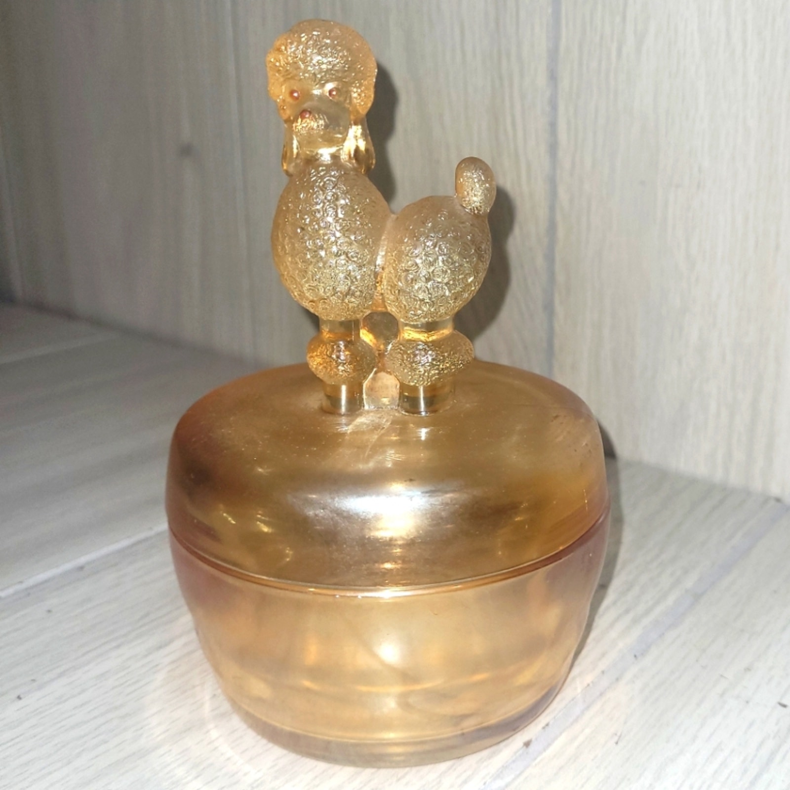 Vtg Jeanette MariGold Poodle Carnival Glass Trinket Box Candy Dish Powder Jar
