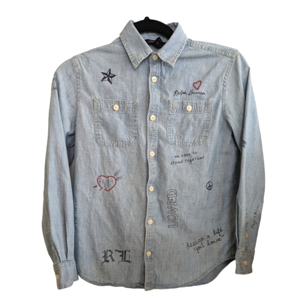 Polo Ralph Lauren Girls Positive Vibes Denim Button Up Shirt Blue Size 12 EUC