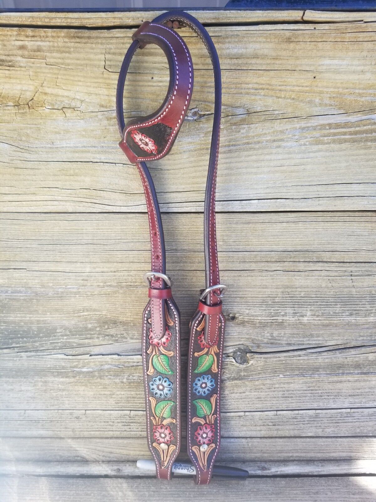 Western One Ear Leather Headstall With Painted Flowers
