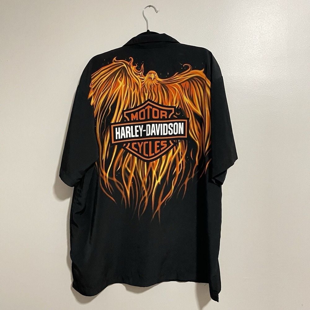 Harley Davidson 2XL Men's Eagle & Flames Button Up Camp Shirt Y2K Motorcycle