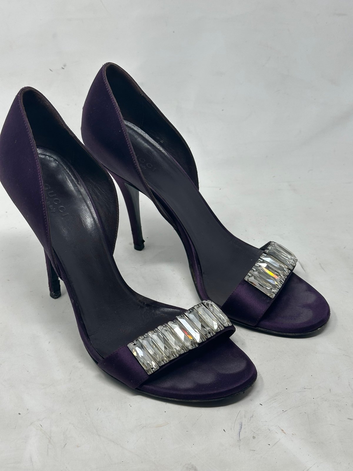 Gucci Purple Satin Crystal Embellished D'orsay Sandals Size 39