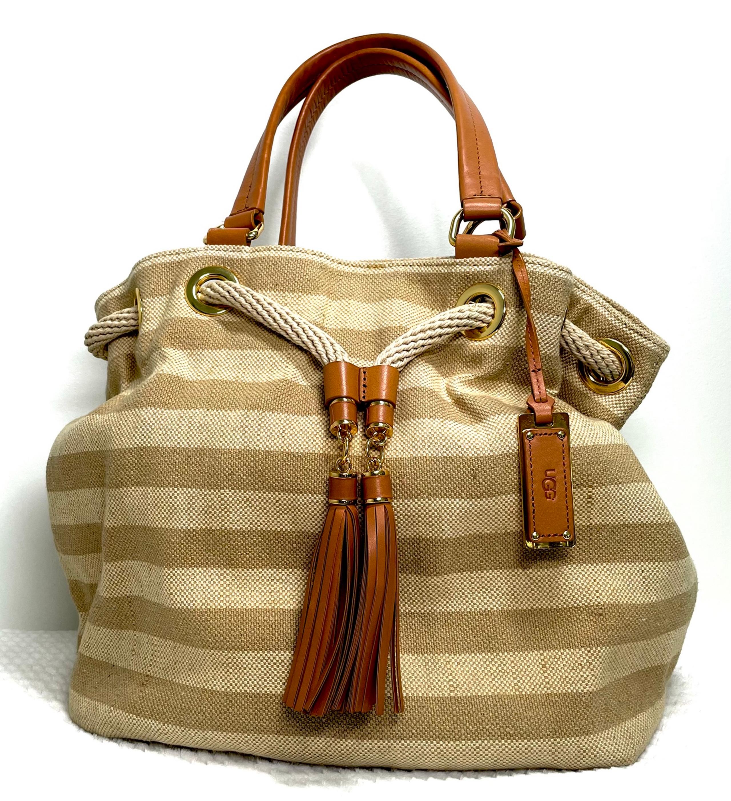 UGG Drawstring Handbag. Striped Canvas and Leather Ugg Purse.