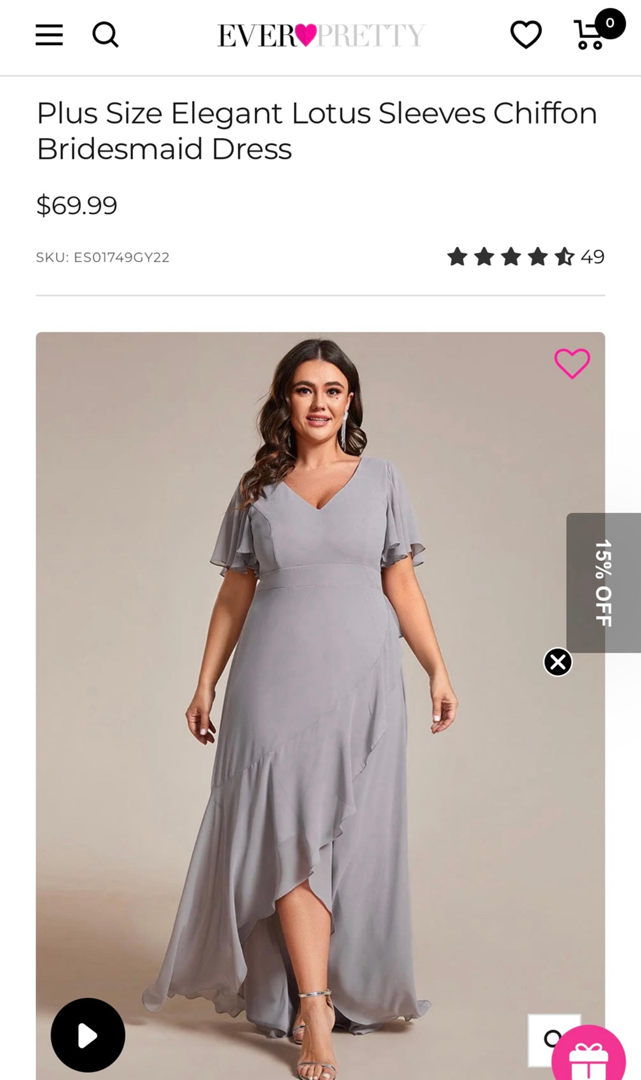 Women’s Everpretty Grey Plus Size Elegant Lotus Sleeve Chiffon Bridesmaid Dress
